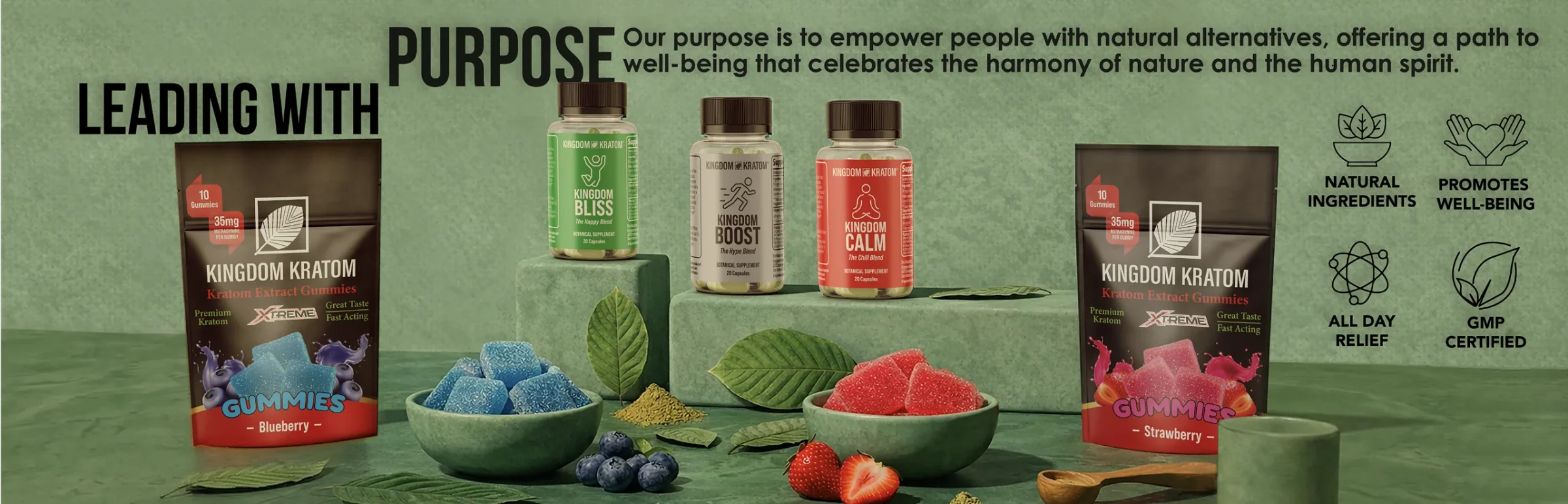 Kingdom Kratom banner with Bliss, Boost and Calm capsule bottles beside Xtreme gummies