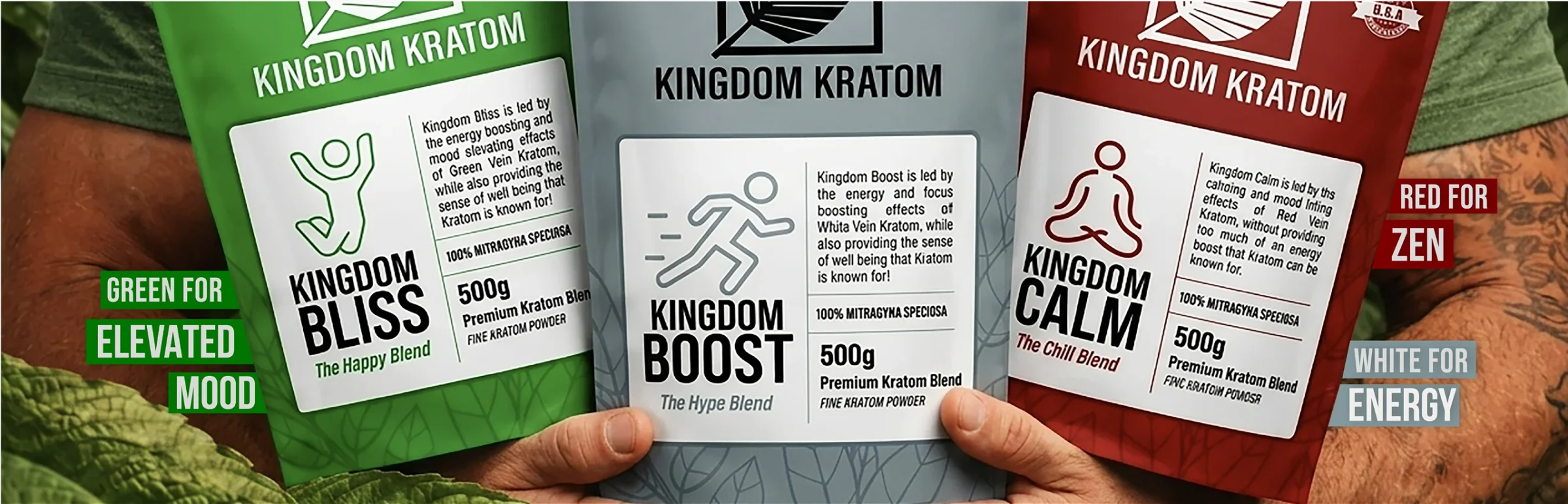 Kingdom Kratom banner with the green, white and red blend bottles
