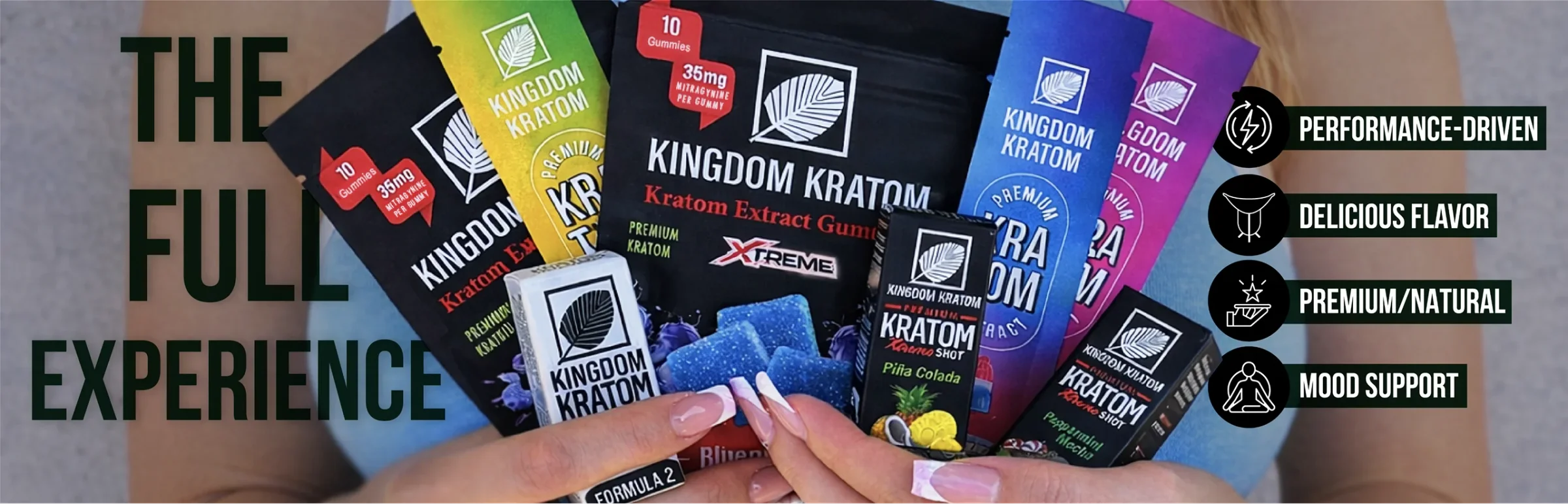 Kingdom Kratom banner with stick packs, shots and gummies