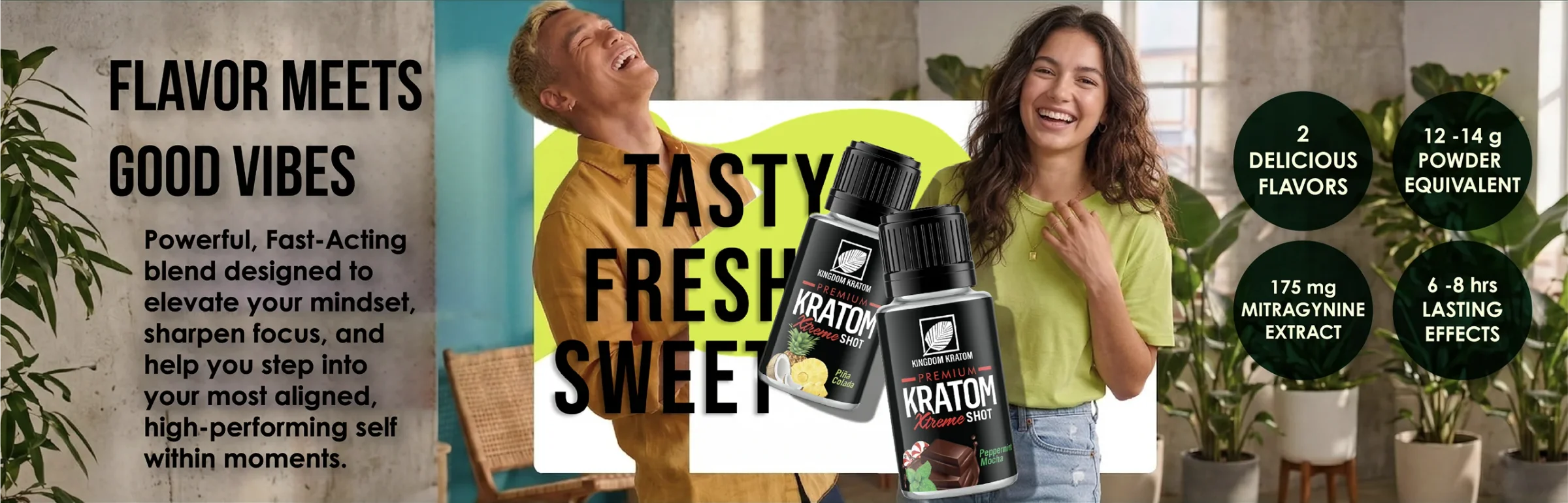 Kingdom Kratom banner with extract shots and a smiling customer