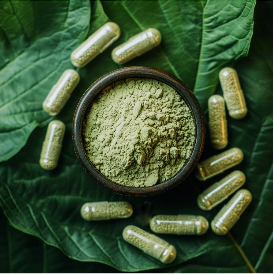 Green kratom powder in a bowl surrounded by kratom capsules on leaves