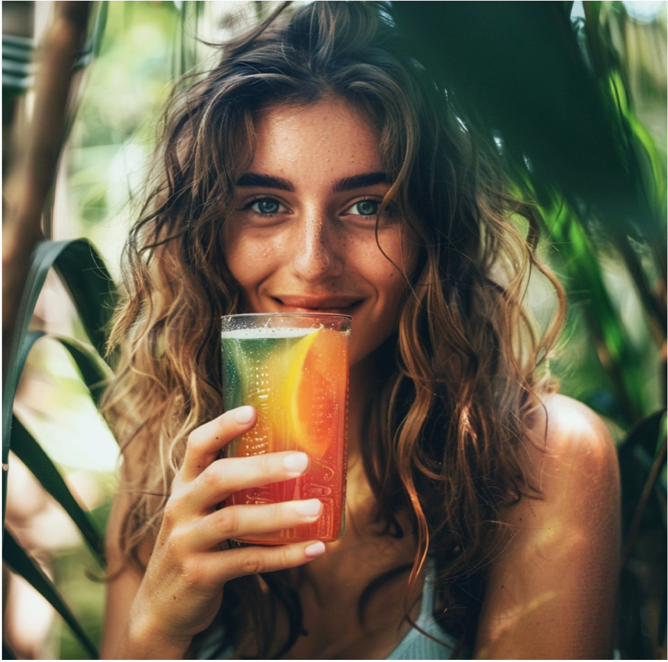 Smiling woman holding a glass of orange drink in front of tropical leaves