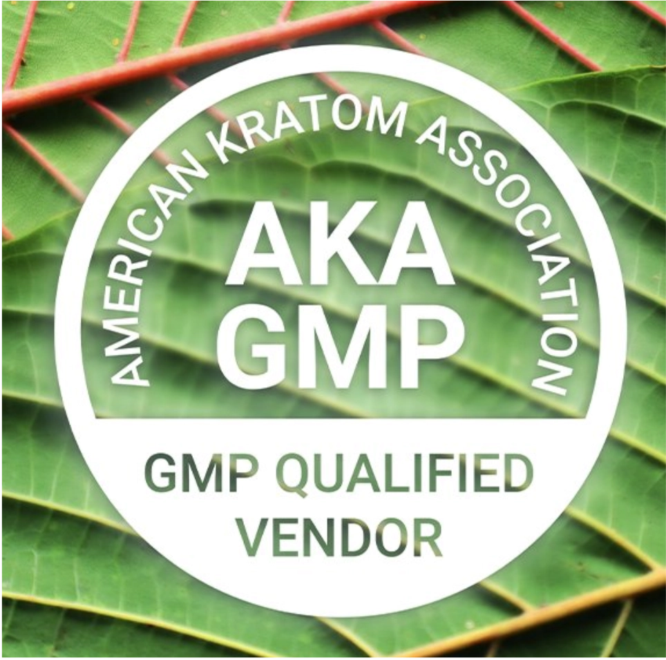 American Kratom Association AKA GMP Qualified Vendor seal on a green leaf