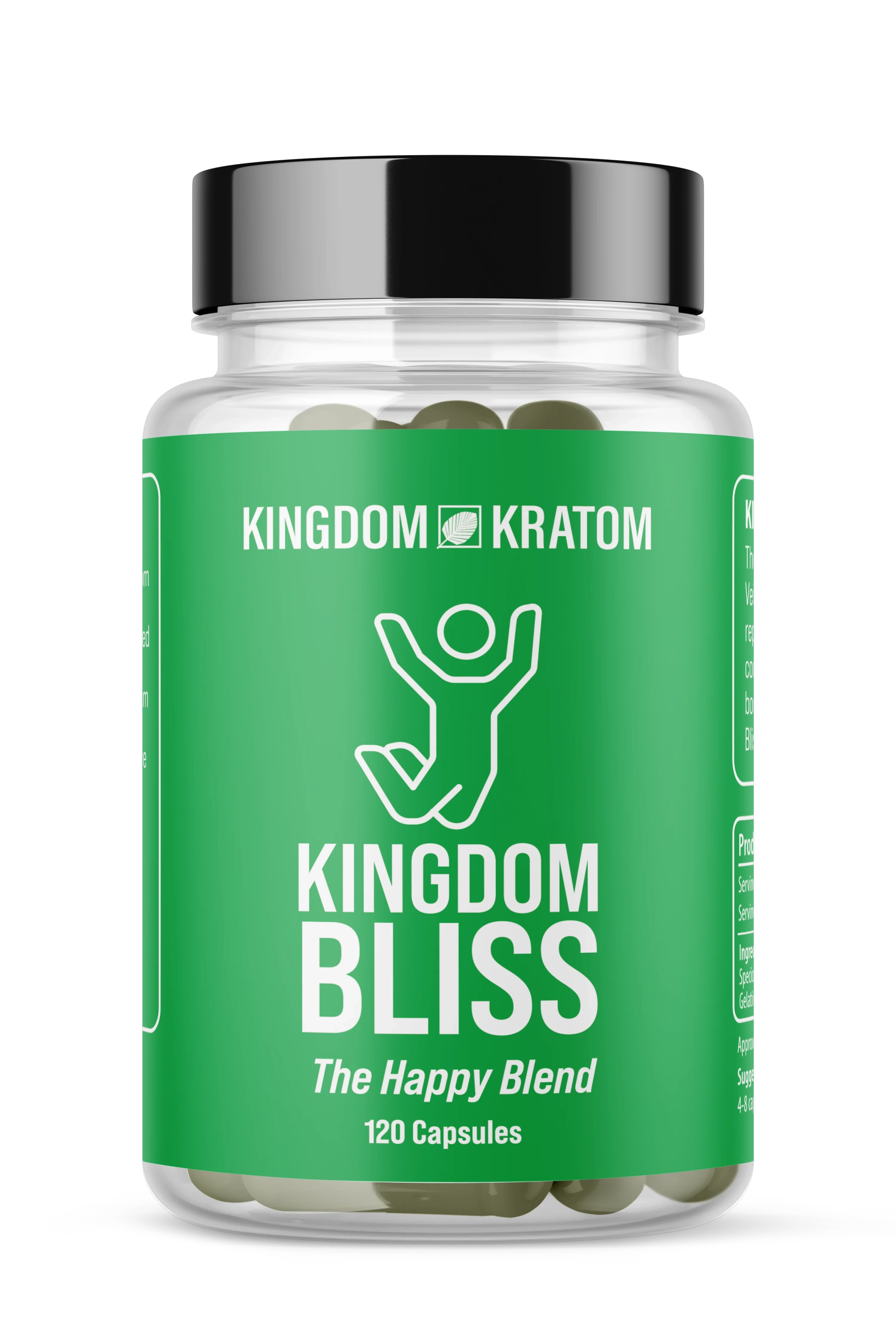 Kingdom Kratom Bliss Green Blend 120ct Kratom Capsules - Front View, Clear Bottle | Kingdom Kratom