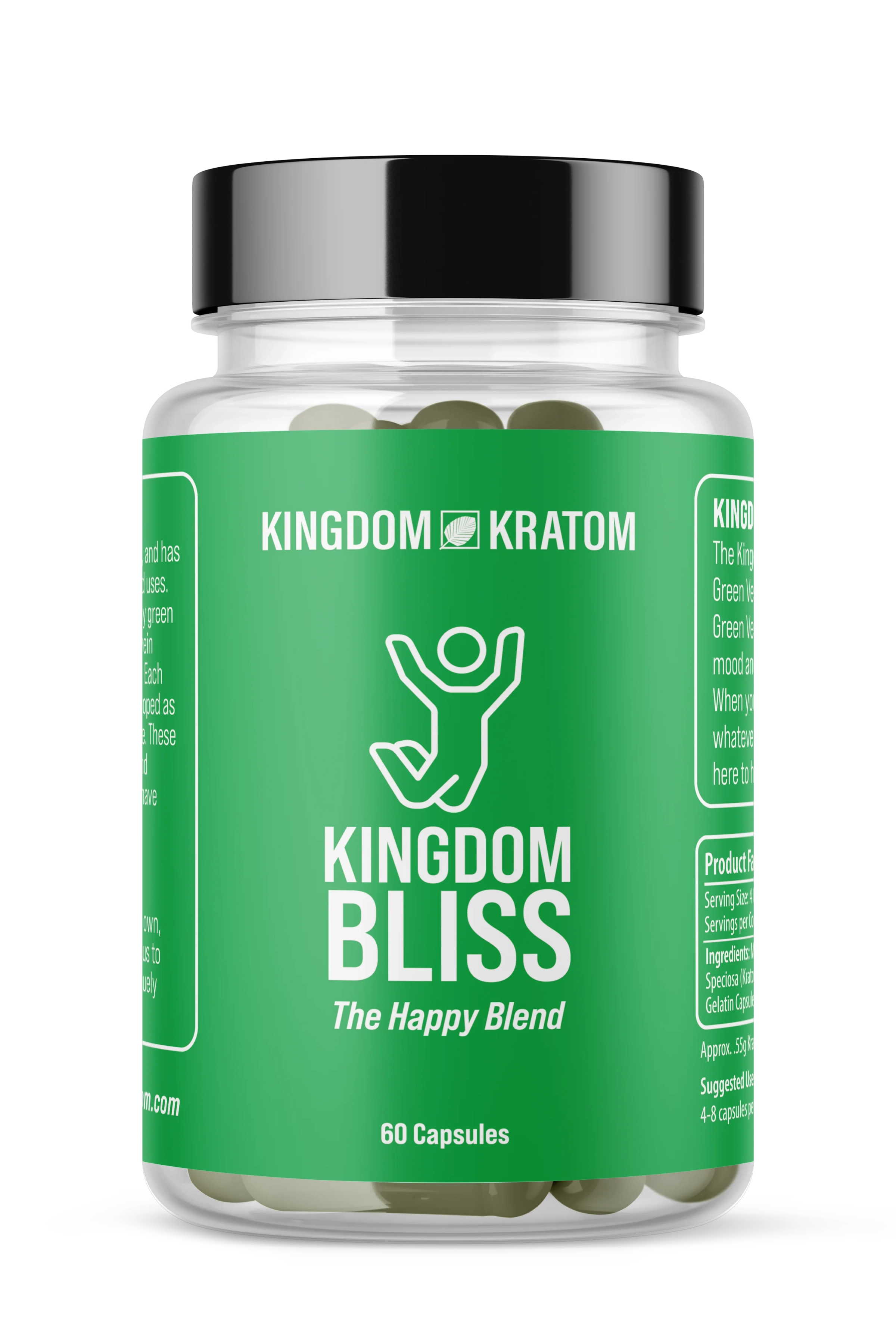Bliss Green Blend Kratom Capsules 60ct Clear Bottle, Green Kratom Blend - Front View | Kingdom Kratom