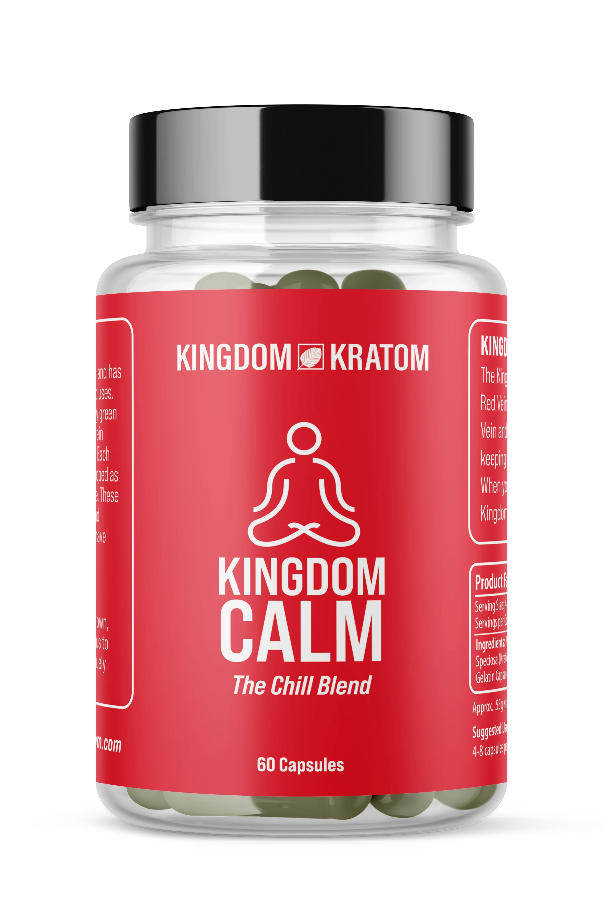 Red Vein Kratom Calm Blend Capsules 60ct Clear Bottle - Front View, Kratom for Calm | Kingdom Kratom