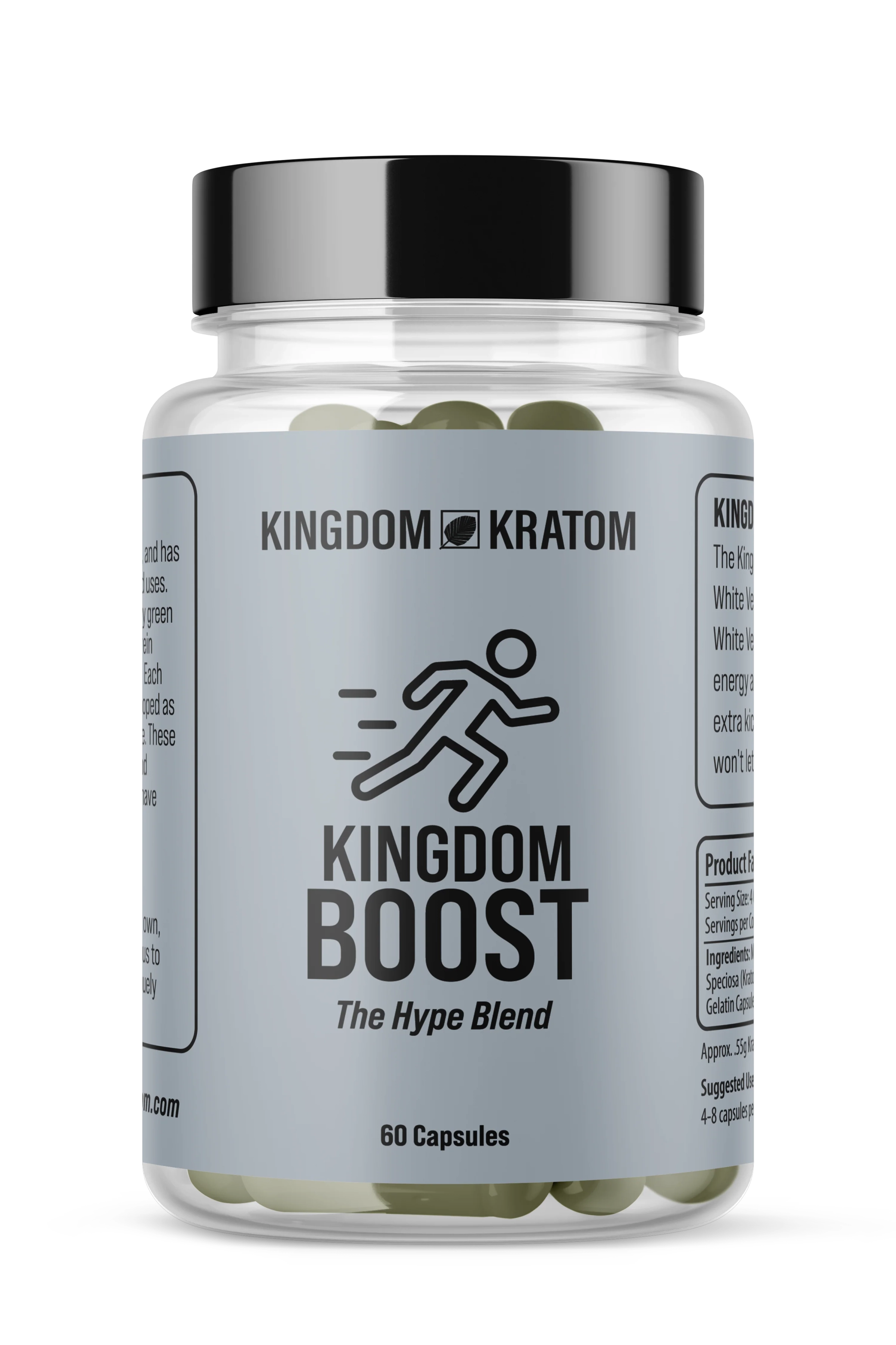 Boost White Kratom Capsules 60ct Clear Jar - Front View | Kingdom Kratom