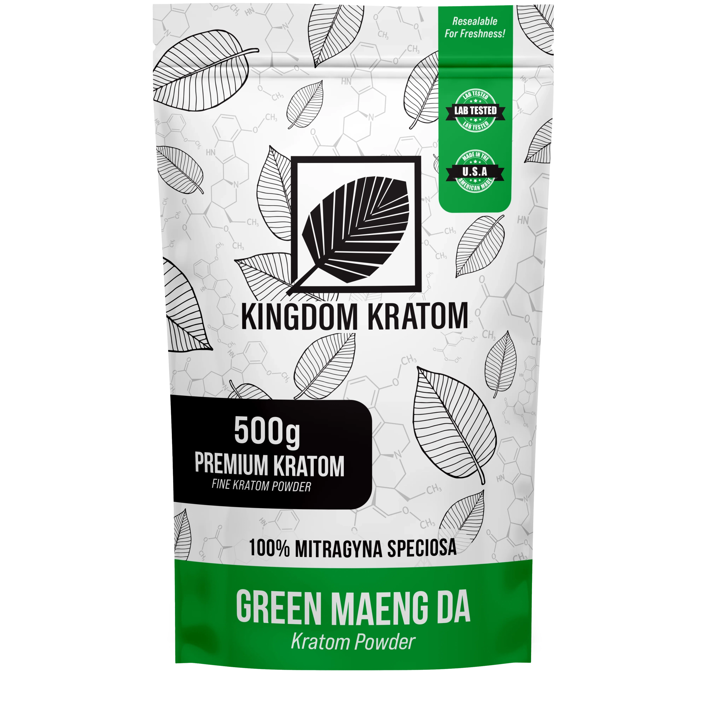 Green Maeng Da Kratom Powder 500g Lab-Tested Resealable Bag - Front View | Kingdom Kratom