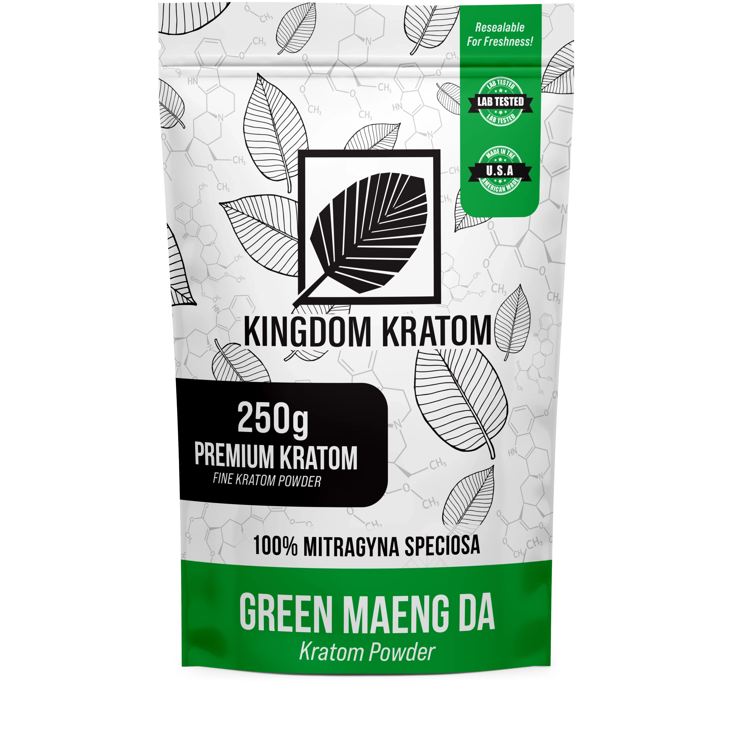 Green Maeng Da Kratom Powder 250g Premium Lab-Tested Resealable Bag - Front View | Kingdom Kratom