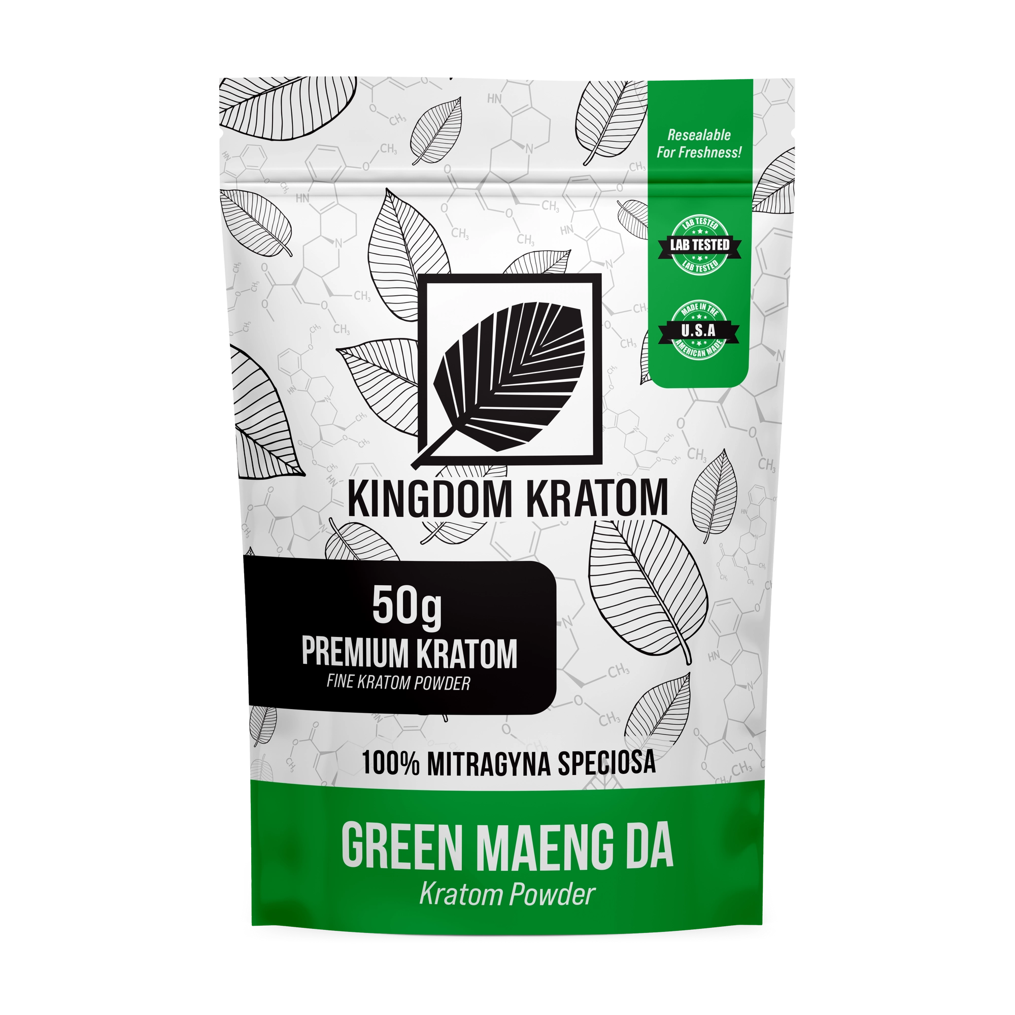 Green Maeng Da Kratom Powder 50g Fine Powder Lab-Tested Resealable Bag - Front View | Kingdom Kratom