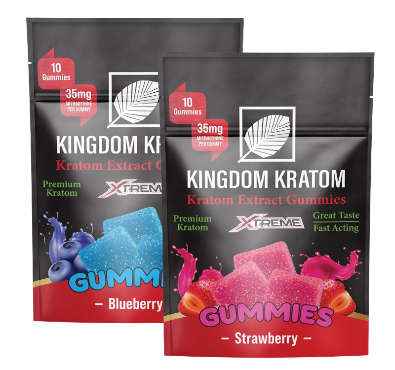 Xtreme Kratom Extract Gummies 35mg bags in Blueberry and Strawberry