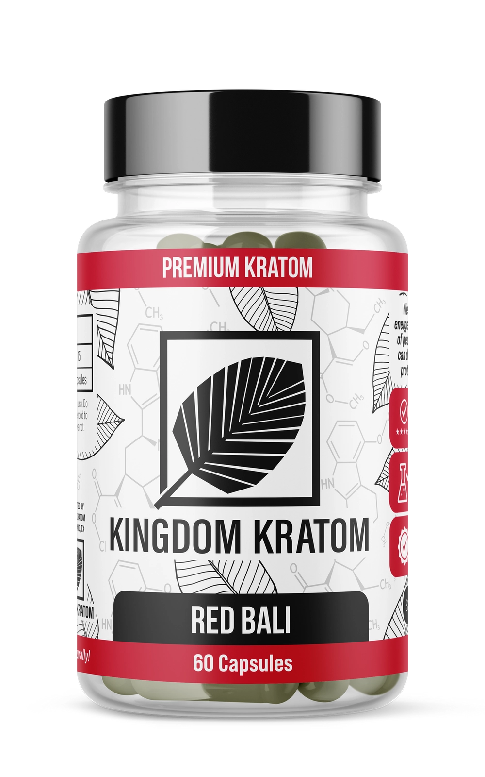 Premium Red Bali Kratom Capsules 60 Count Clear Bottle, Front View | Kingdom Kratom