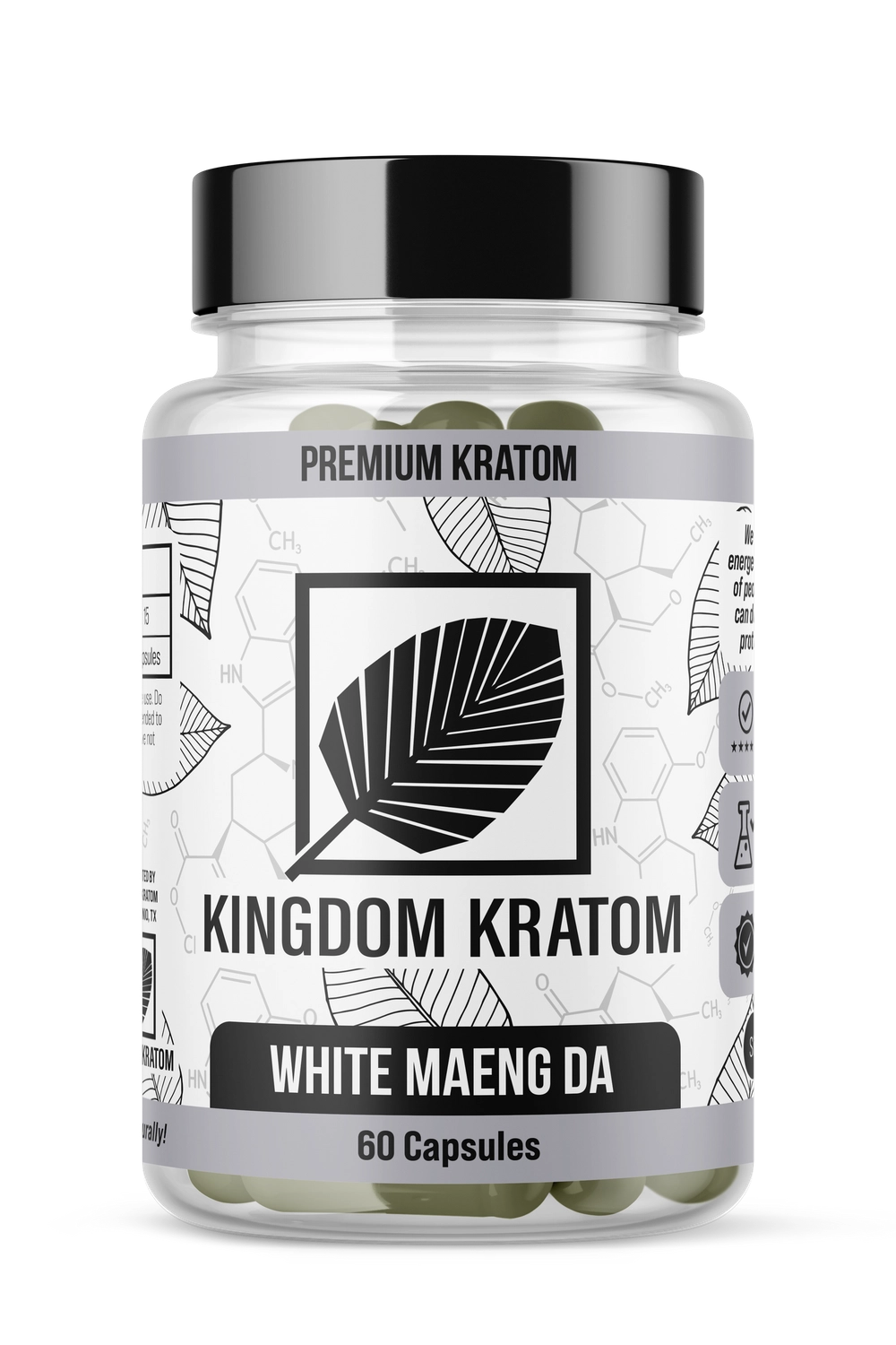 White Maeng Da Kratom Capsules 60 Count Clear Bottle - Front View | Kingdom Kratom